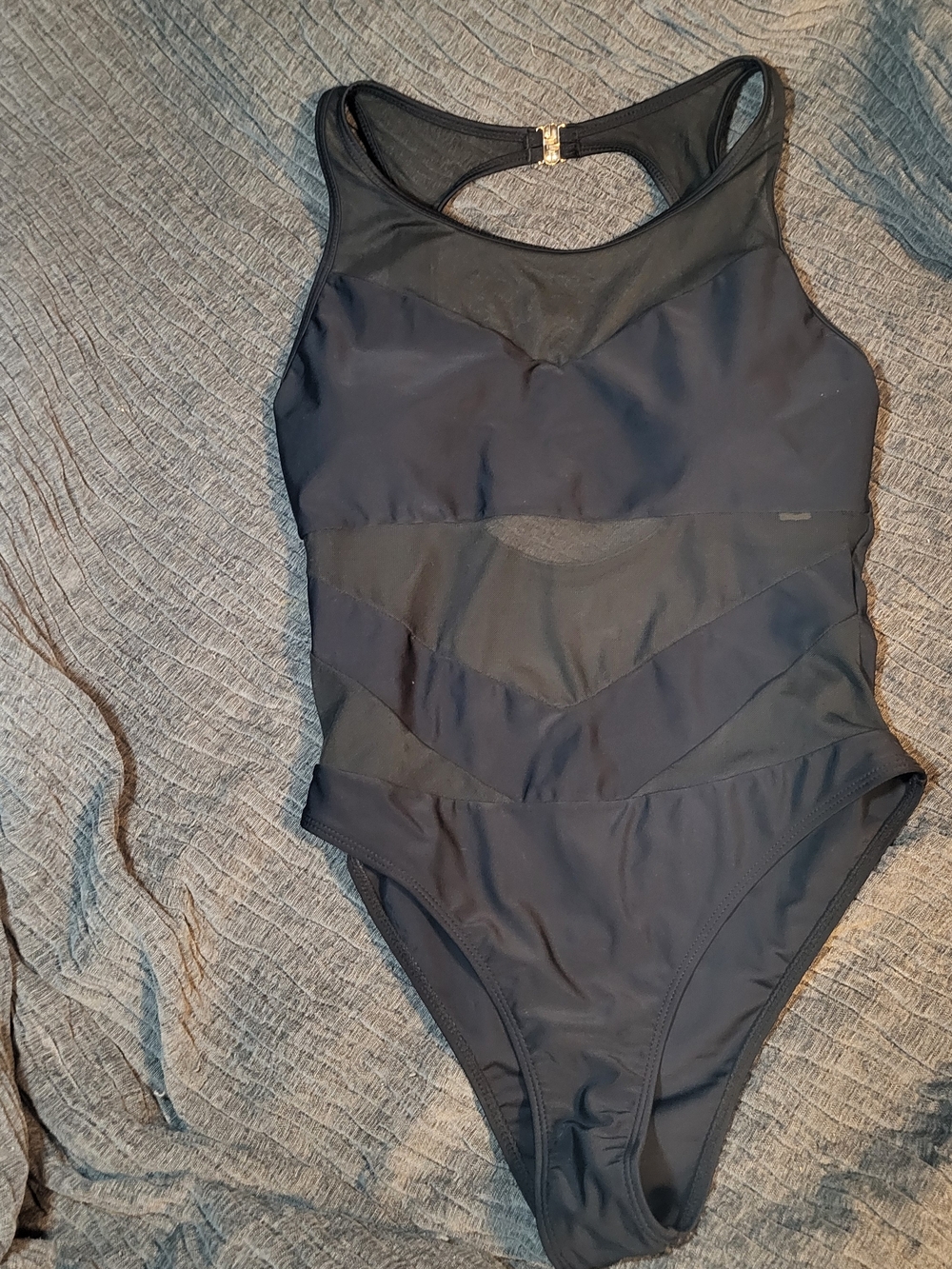 SHEIN Black Mesh-Panel High-Neck One-Piece Swimsuit